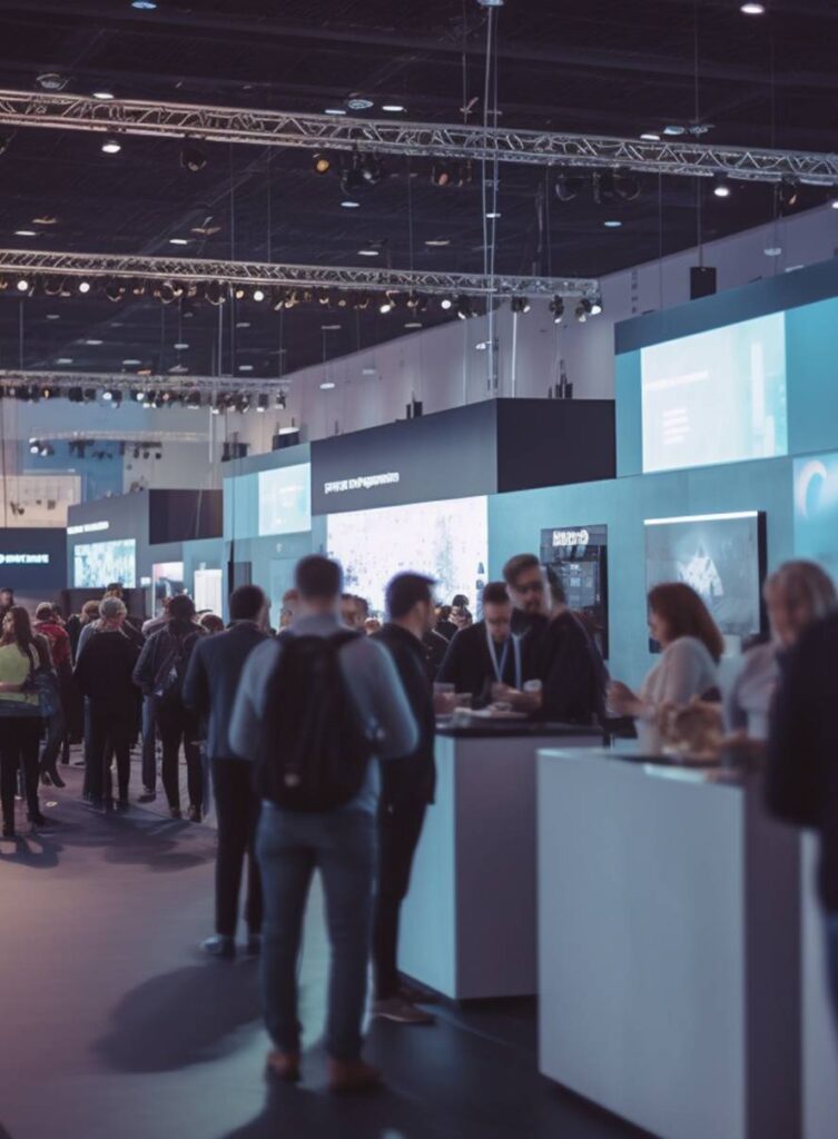 Des visiteurs devant un kiosque moderne pendant un événement aux États-Unis.