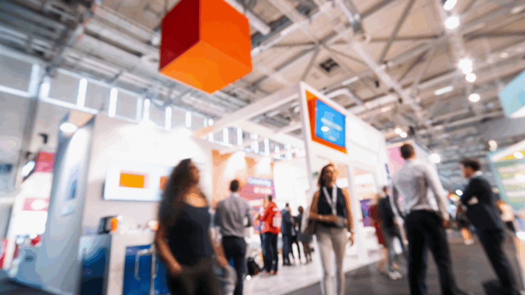 Gens qui marchent devant des kiosques d'expositions